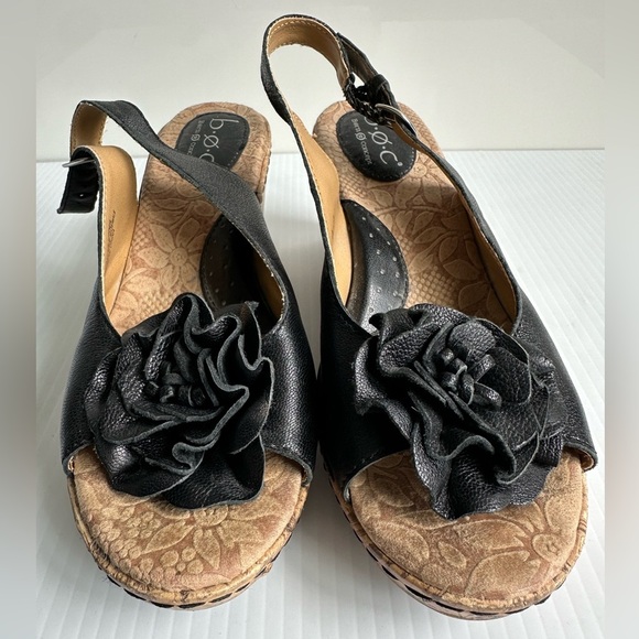 b.o.c. Born Concept Women's Cork Wedge Flower Sandals Black 8M Leather - Picture 1 of 11